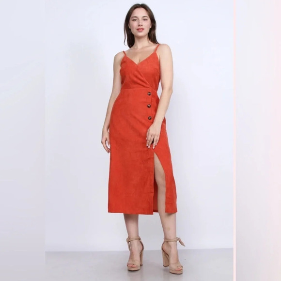 corduroy orange sleeveless button midi dress with slit - Picture 2 of 4